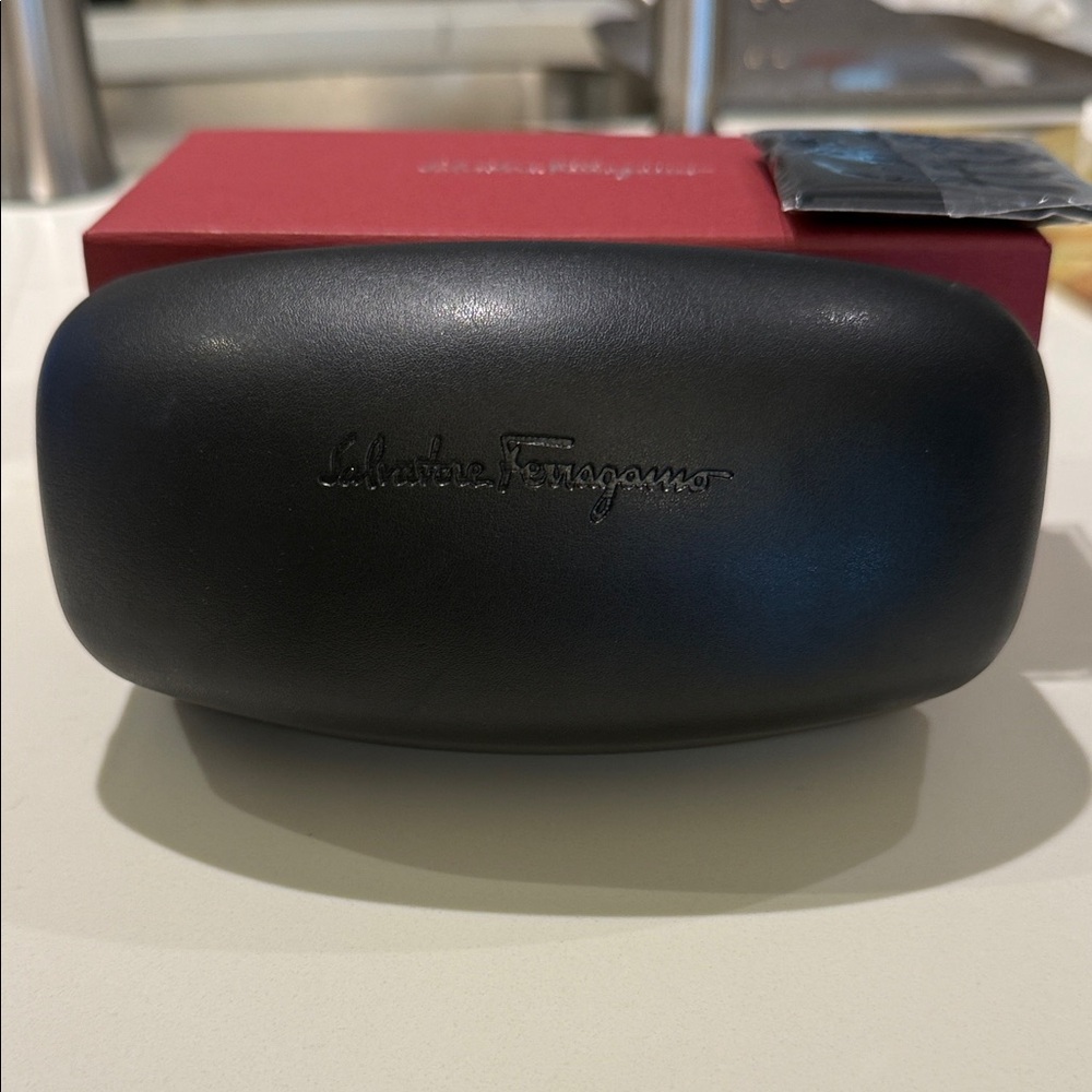 Salvatore Ferragamo Black Leather Eyewear Case with box and cleaning cloth